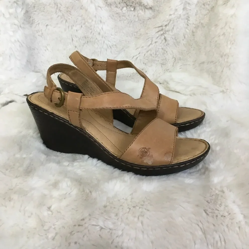 Born Women's Tan Leather Strappy Open Toe Wedge Sandals Size 9M